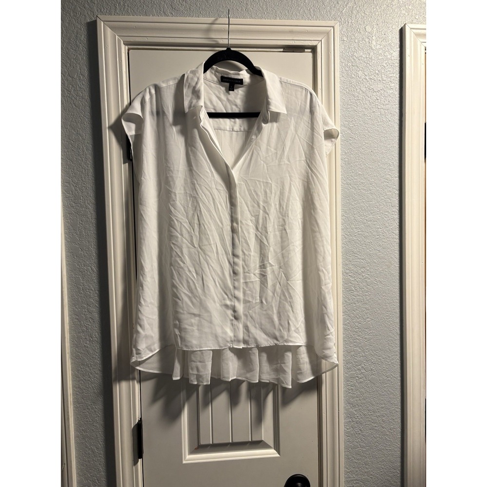 Banana Republic Blouse Women L White Short Sleeve Pleated Back Button Down Top